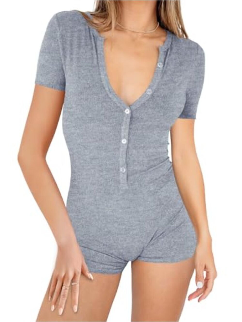 BONITEE Womens Sexy V Neck Rompers Summer Button Down Shorts Jumpsuit Casual